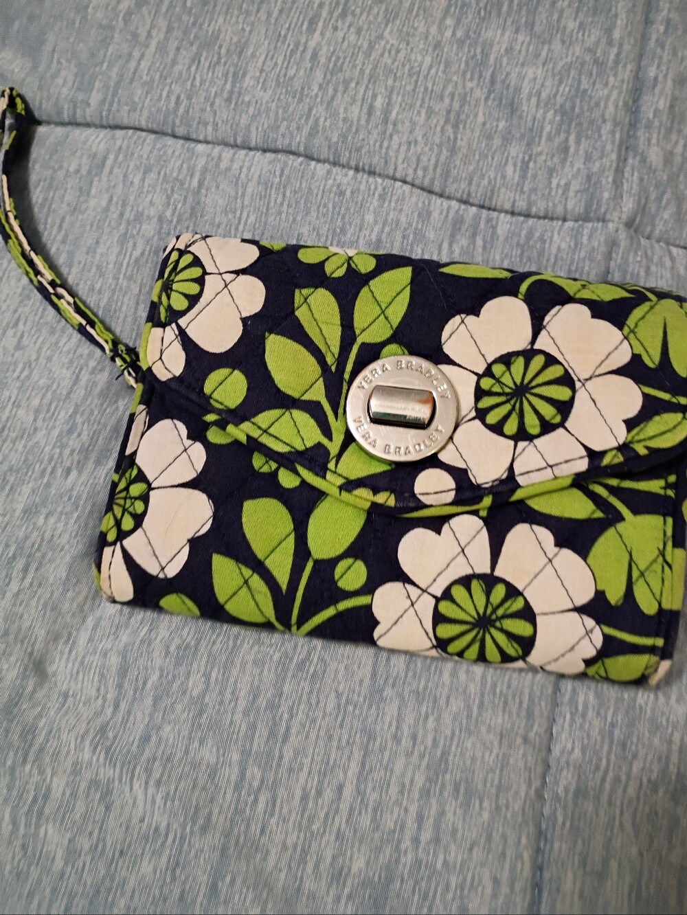 Vera Bradley Quilted Floral Wristlet Clutch in Navy, White & Green